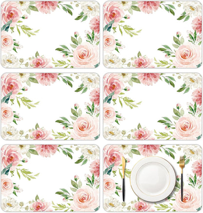 6 Pcs Pink Flower Plastic Placemats, 11x16 Inch Summer Pink White Floral Placemats Seasonal Flower Butterfly Washable Table Mats for Party Kitchen Dining Decoration