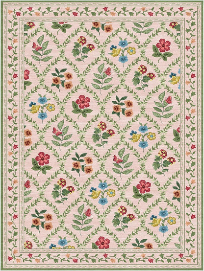 Washable 9x12 Area Rugs - Large Stain Resistant Pink Living Room Rug Non-Slip Soft Boho Floral Rugs for Bedroom Aesthetic Farmhouse Flower Big Carpet for Dining Room Under Table Kids Room