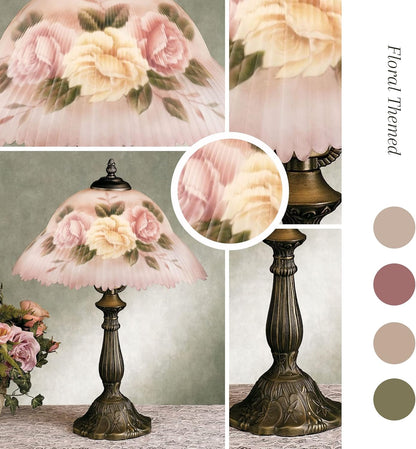 Touch of Class Beccalynn Table Lamp - Light Cream - Painted by Hand - Rose Pink - Floral Bedside Desk Lighting - Old Fashioned Style - Handcrafted Glass Lampshade for Bedroom, Living Room