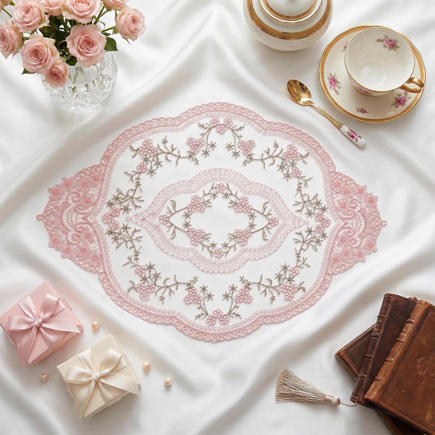 4Pcs Retro Lace Placemat | Lace Doilie for Tables Elegant French Crochet Doilies Pink Oval Cup Mat | Table Mats Fashionable Laces Doilies Hollow Vase Mat for Table Decor Home Kitchen Wedding(Pink)