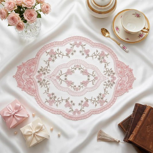 4Pcs Retro Lace Placemat | Lace Doilie for Tables Elegant French Crochet Doilies Pink Oval Cup Mat | Table Mats Fashionable Laces Doilies Hollow Vase Mat for Table Decor Home Kitchen Wedding(Pink)