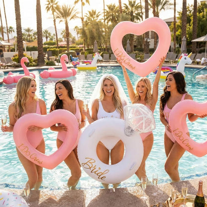 Thenshop 6 Pcs Bachelorette Pool Floats - 1 Diamond Ring & 5 Pink Heart Loungers - Inflatable Party Decorations for Bridal Shower, Engagement, Weddings - Photo Props for Bride & Bridesmaids