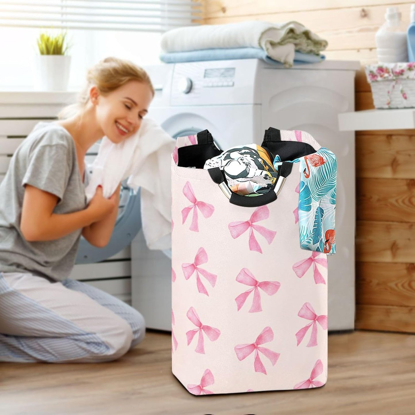 Pink Bow Large Laundry Hamper with Handle, Foldable Clothes Hamper Collapsible Storage Basket for Toys and Clothes Organization in Bedroom, Bathroom, and Laundry Room