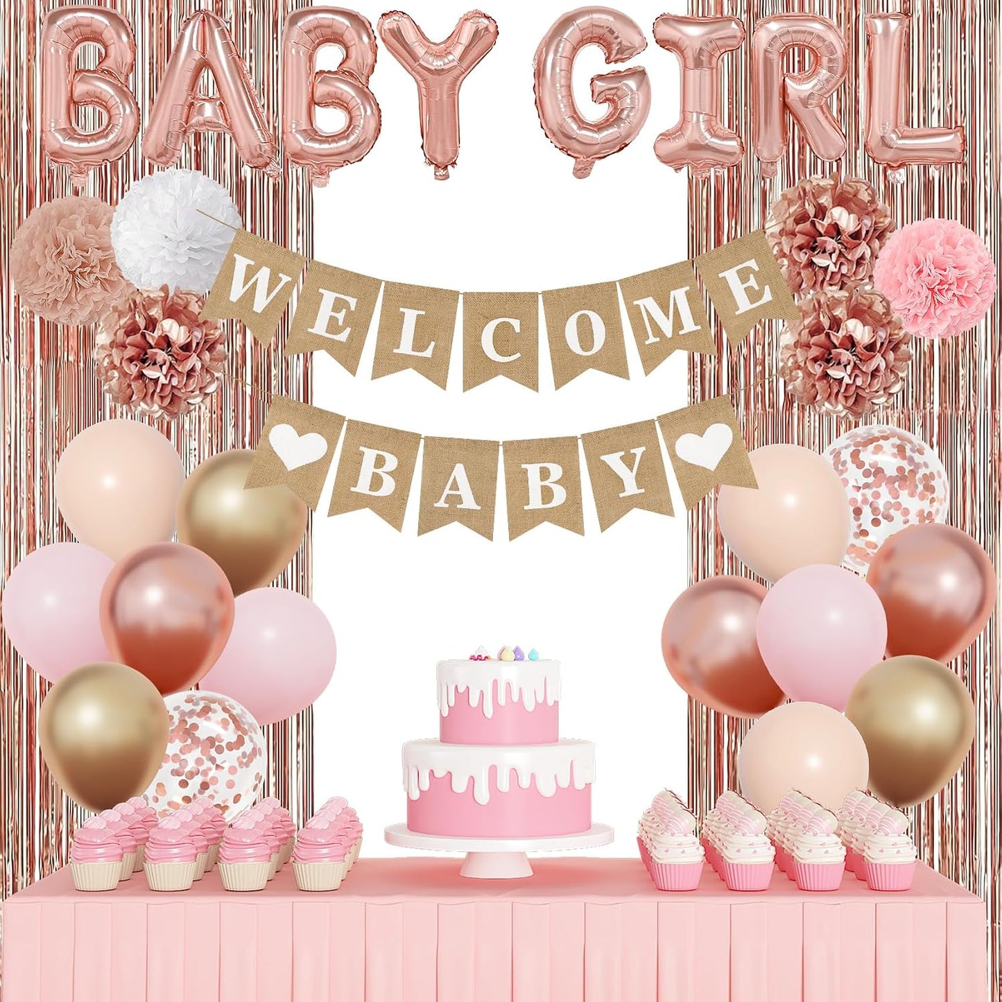 Ouddy Party Rose Gold Baby Shower Decorations for Girl with Welcome Baby Banner Baby Girls Rose Gold Pink Gold White Foil Balloons Fringe Curtains Paper Pom Poms for Baby Shower Reveal Party Supplies