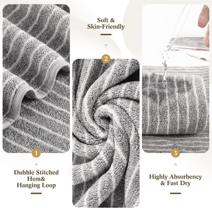 4 Pieces Extra Large Grey Striped Bath Towels Set 35 x 70 in Coral Fleece Oversized Beach Pool Bathroom Towel Highly Absorbent Soft Quick Dry Shower Bath Sheets for Hotel Spa