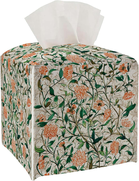 William Morris Floral Tissue Box Cover - Vintage Style 5.2 x 5.2Inch PU Leather Holder with Elastic Strap for Bathroom, Bedroom, Office Desk & Nightstand (Pink Flower)