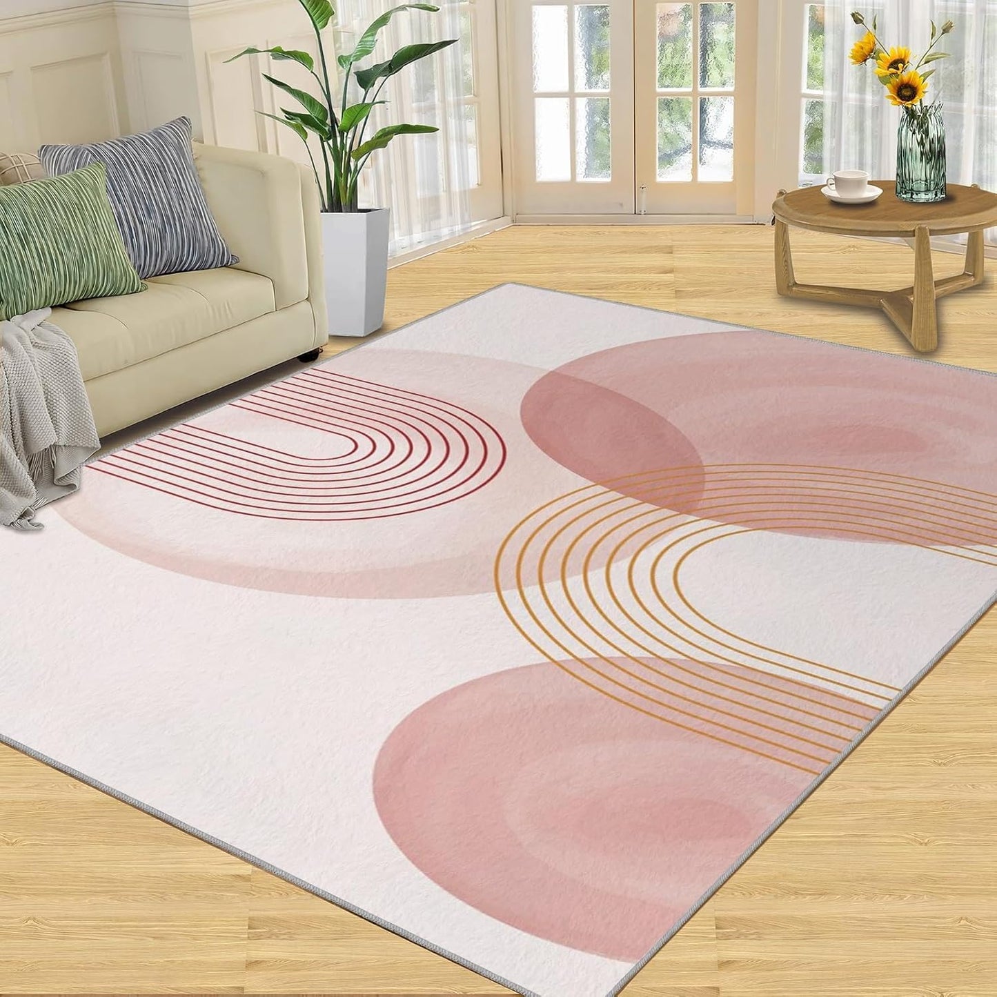 Abstract Geometry Arch Lines Accent Rug, Modern Minimalist Pink Washable Rugs, Mid Century Soft Non-Slip Indoor Floor Carpet for Bedroom, Living Room, Dorm Girls Room 3.3x4.6ft