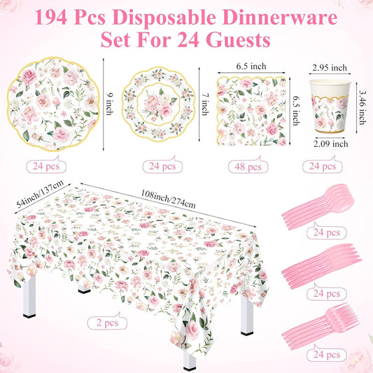 Yungyan 194 Pcs Floral Party Supplies Valentines Pink Floral Scalloped Plates and Napkins Tablecloth Cups Bridal Shower Disposable Tableware Set for Wedding Birthday Baby Shower Tea Party Decoration