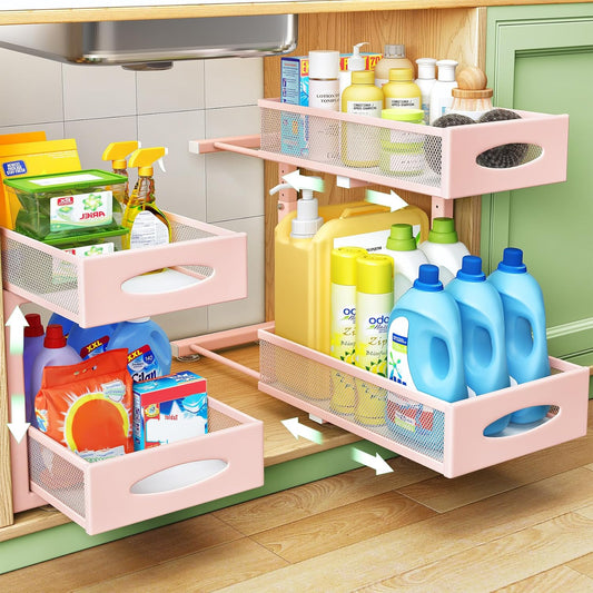 Under Sink Organizer, 2 Tier Pull out Cabinet Organizer Baskets with Mesh Sliding Drawers, Slide out Storage Shelf for Home, Kitchen, Bathroom, Pantry, Office Cabinet(1 Pack, Pink)