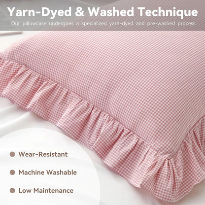 Gingham Pillow Shams 20x26, Pink White, Ruffle Trim, Set of 2 | 100% washed cotton | Standard size pillow covers | Vintage farmhouse plaid | Envelope closure | Inserts not included