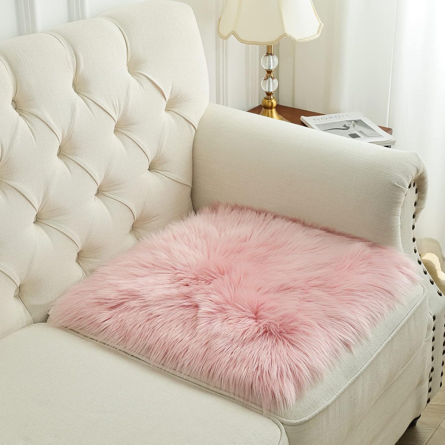 Softlife Pink Faux Fur Sheepskin Chair Cover Seat Cushion Pad Super Soft Area Rugs for Living Bedroom Sofa Dorm (1.6ft x 1.6ft)