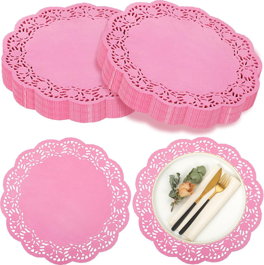 Yexiya 200 Pcs Doilies Lace Paper Doilies 14 Inches Disposable Foil Lace Placemats Large Round Paper Pad Placemats for Cakes Crafts Wedding Birthday Party Decoration(Pink)