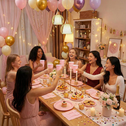 WELLIFE 210 PCS Pink Plastic Plates for 30 Guests - Disposable Dinnerware Set Including Dinner Plates, Dessert Plates, 12oz Cups, Cutlery & Napkins, Pink Party Plates