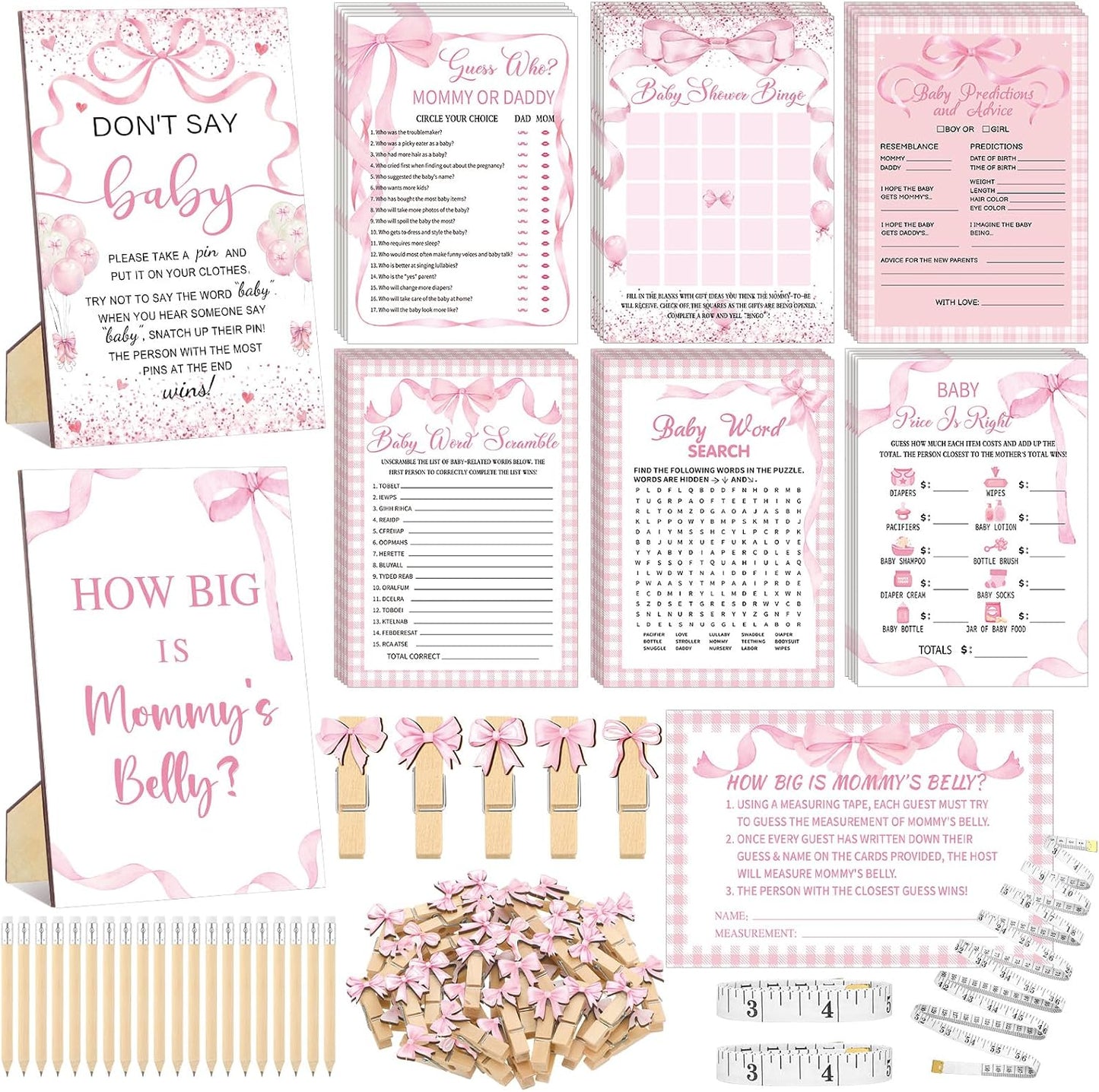 Funnymoom 426 Pcs Pink Bow Baby Shower Games Set-8 Games, Includes Baby Shower Bingo, Price is Right, Guess Who, Word Scramble, Prediction and Advice, How Big is Mommy's Belly, Don't Say the Words