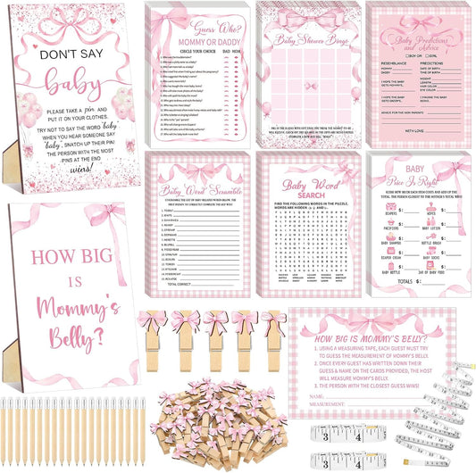 Funnymoom 426 Pcs Pink Bow Baby Shower Games Set-8 Games, Includes Baby Shower Bingo, Price is Right, Guess Who, Word Scramble, Prediction and Advice, How Big is Mommy's Belly, Don't Say the Words