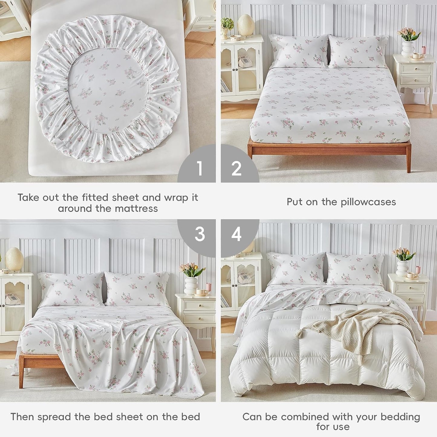 Joyreap Bed Sheet Set Queen Size- Flowers Pink Design, 4 Piece Ultra Soft Brushed Microfiber Bedding Sheets - Includes 1 Flat Sheet, 1 Fitted Sheet, 2 Pillowcase