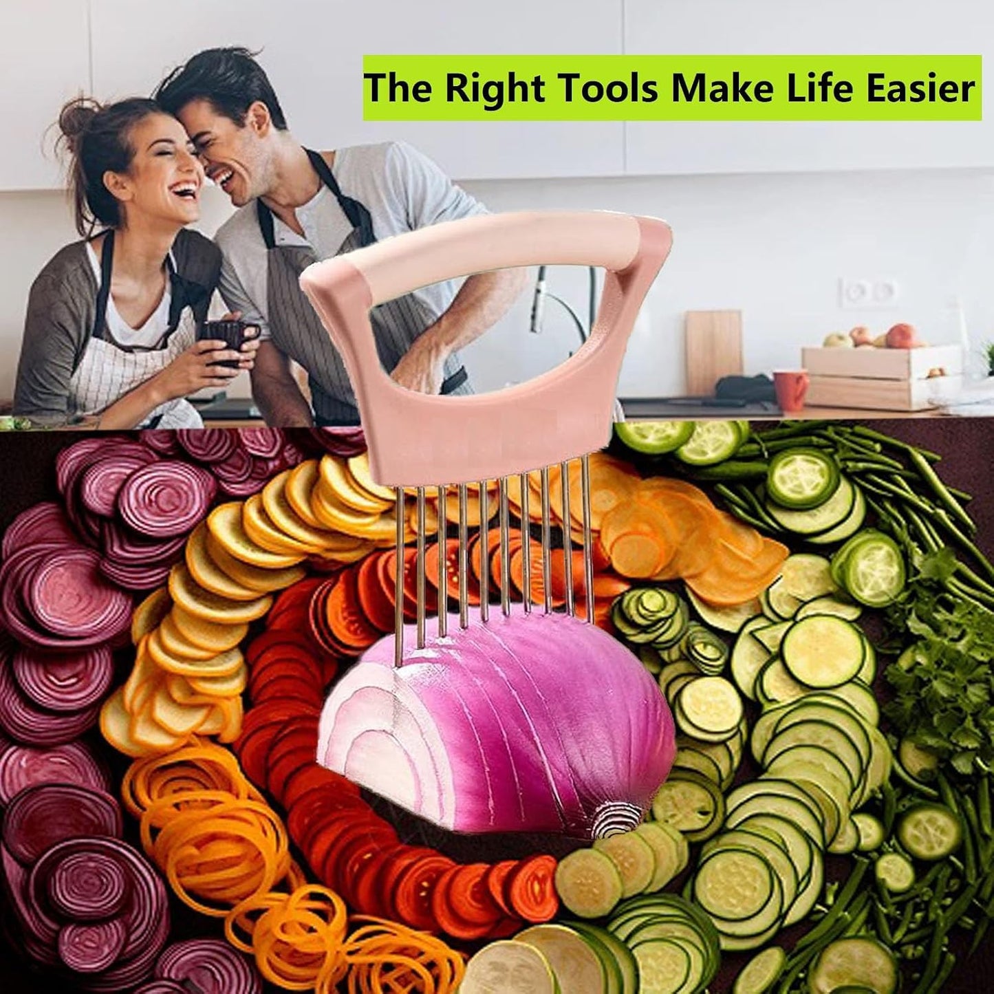 Upgraded Stainless Steel Lemon Slicer Onion Cutter, Onion Holder for Slicing, Vegetable Cutter Kitchen Chopper Slicing Assistant Tool for Potato and Tomato Avocados Eggs Meat (1, Pink)