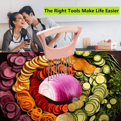 Upgraded Stainless Steel Lemon Slicer Onion Cutter, Onion Holder for Slicing, Vegetable Cutter Kitchen Chopper Slicing Assistant Tool for Potato and Tomato Avocados Eggs Meat (1, Pink)