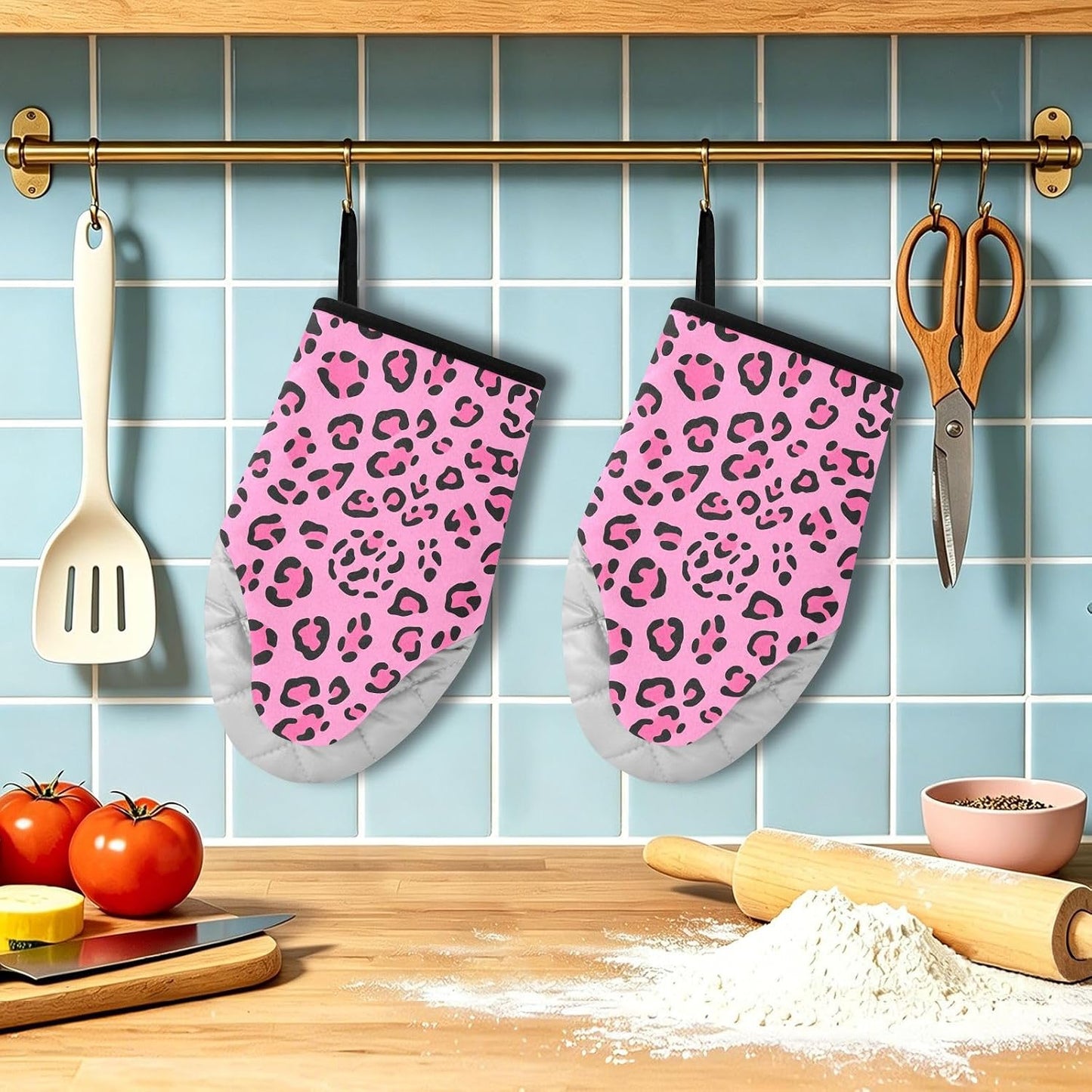 Oven Mitt 2 Pack Set Bright Pink Leopard Print Kitchen Mitts Gloves for for Cooking Baking Grilling
