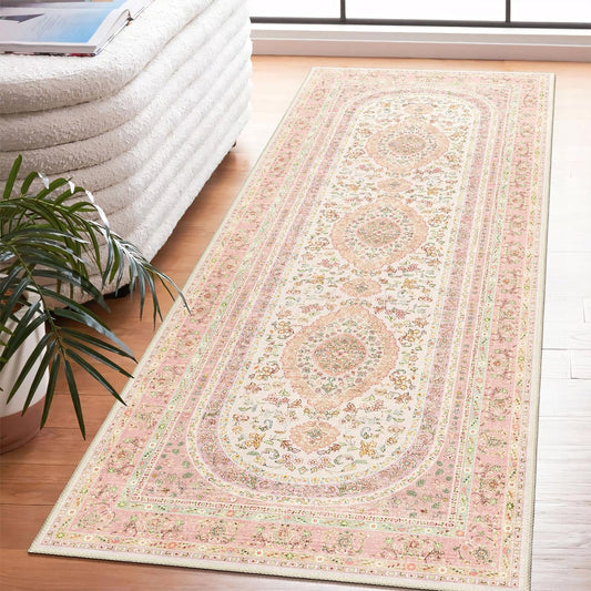 Washable Runner Rug 2'x6',Pink Rug Runners Non Slip,Long Boho Rugs for Hallways Kitchen Bedroom Entryway Living Room Bathroom,Vintage Bohemian Distressed Farmhouse Floor Carpet,Blush Floral