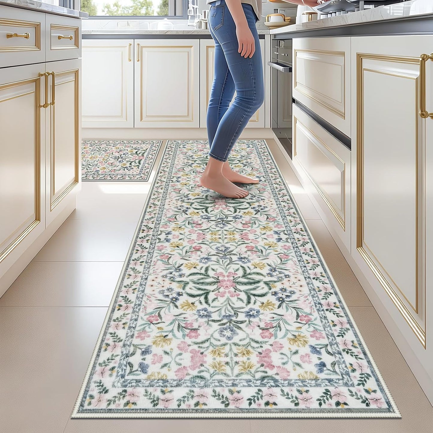 Homcomoda Boho Flower Kitchen Rugs Set of 2, Stain Resistant Non Slip Kitchen Mats for Floor, Washable Kitchen Runner Rugs Carpets for Hallways Entryway Laundry Room (24"x36"+24"x71",Pink