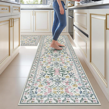 Homcomoda Boho Flower Kitchen Rugs Set of 2, Stain Resistant Non Slip Kitchen Mats for Floor, Washable Kitchen Runner Rugs Carpets for Hallways Entryway Laundry Room (24"x36"+24"x71",Pink