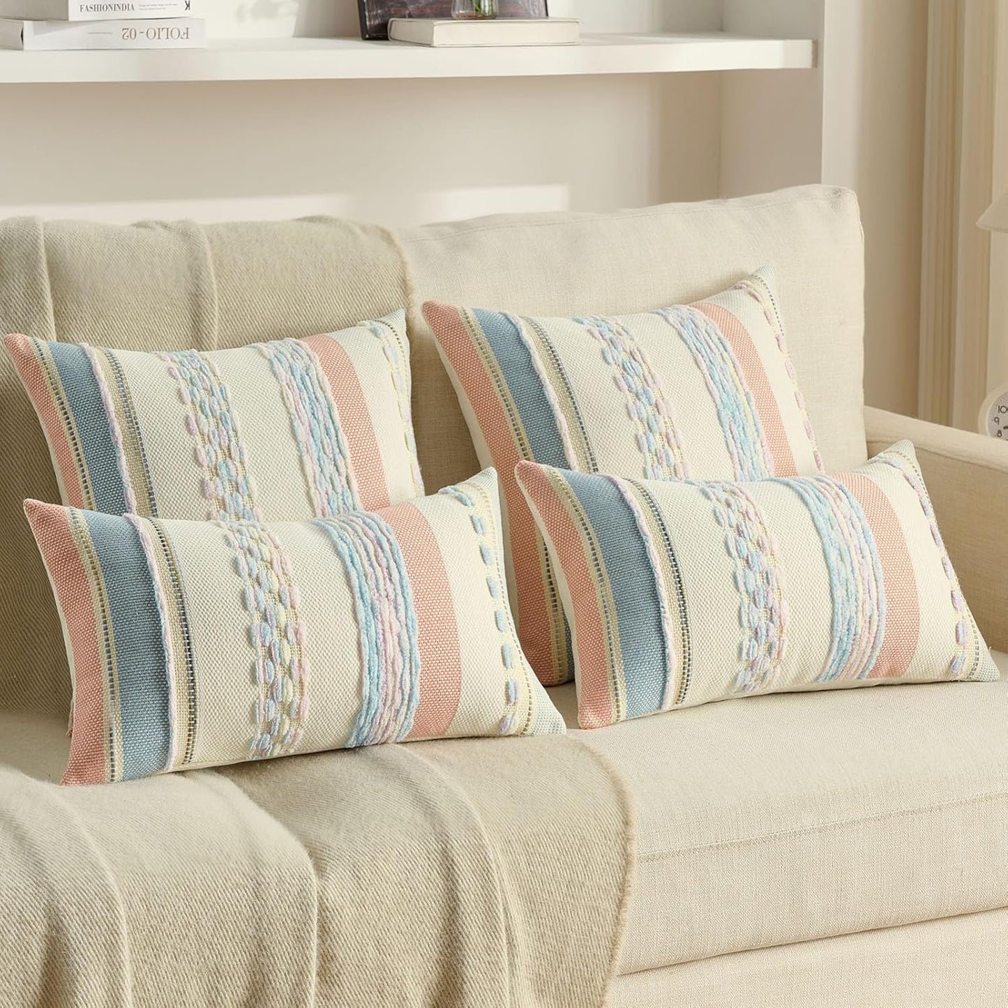 FUTEI Pack of 2 Boho Chenille Decorative Throw Pillow Covers 18x18 Inch Soft Tufted Striped Textured Cushion Case,Farmhouse Accent for Couch Bed Living Room, Pink Blue