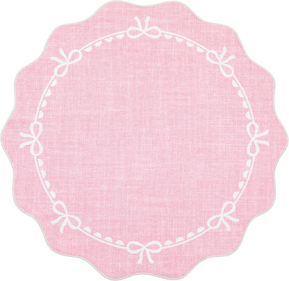 GarveeHome Scalloped Bow Rug for Living Room, 5ft Round Rugs Washable Solid Pink Rug for Dorm Soft Low Pile Non Slip Scalloped Rugs for Nursery Bedroom Decor Hallway Kids Room Playroom
