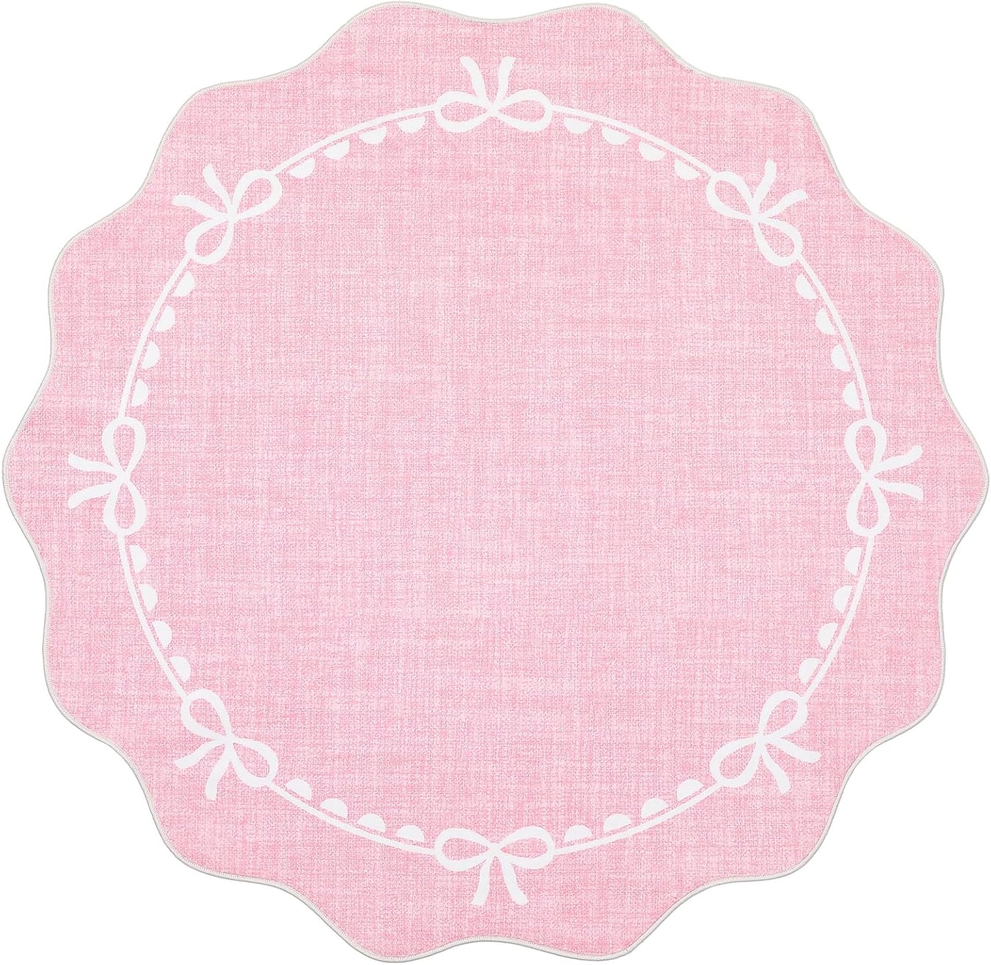GarveeHome Scalloped Bow Rug for Living Room, 4ft Round Rugs Washable Solid Pink Rug for Dorm Soft Low Pile Non Slip Scalloped Rugs for Nursery Bedroom Decor Kids Room Playroom