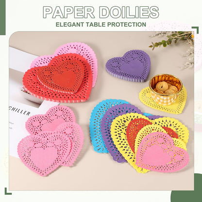 Paper Doilies, Heart Paper Lace Doilies Disposable Placemats Modern Tableware Decorative Bulk -Fitting for (Cakes/Desserts/Baked Grilled Fried Food) 6 Inch & 100 Pack & Pink