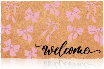Blosssound Pink Bow Nature Coir Doormat 17x29 Inch Bow Welcome Rugs Spring Coir Kitchen Mats Decorative Front Porch Rug Non Slip Entrance Door Mat for Spring Home Decoration Supplies