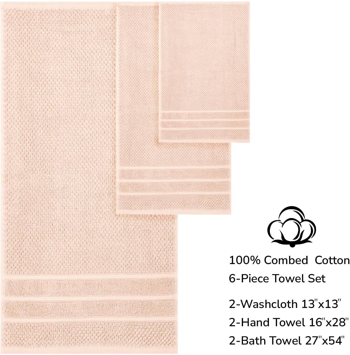 Feather & Stitch 100% Cotton 625 GSM Bath Towel Set of 6, Ultra Soft Highly Absorbent 2 Bath Towels, 2 Hand Towels & 2 Washcloth - Luxury Quick Dry Shower Towels (Pale Peach)