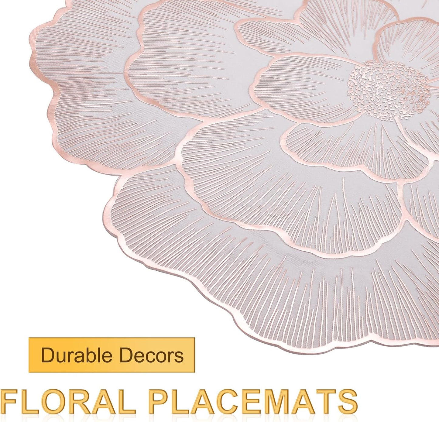 uxcell White Pink Floral Rose Round Placemats Set of 6 for Dinner Tables, Metallic Polyvinyl Pressed Placemats Washable Table Mats for Dinner Table Decor (15" x 15"/38 x 38cm)