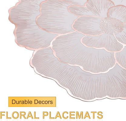 uxcell White Pink Floral Rose Round Placemats Set of 6 for Dinner Tables, Metallic Polyvinyl Pressed Placemats Washable Table Mats for Dinner Table Decor (15" x 15"/38 x 38cm)