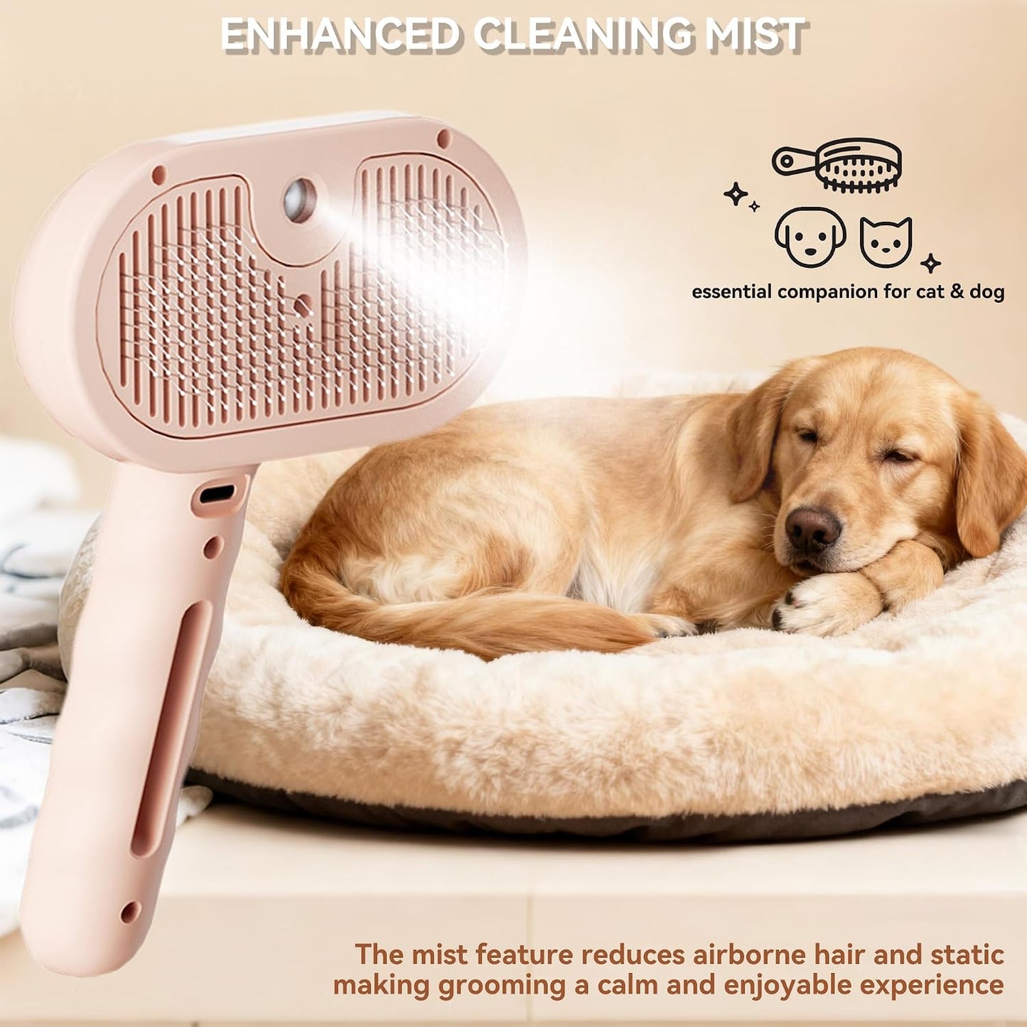 Dog Steam Brush 3-in-1 Spray Bath Brush for Dog and Cat, Pet Hair Removal Comb for Long & Short Haired Pets, Self Cleaning Grooming Brush Can Help to Comb a Pet's Fur and Remove Fleas Pink
