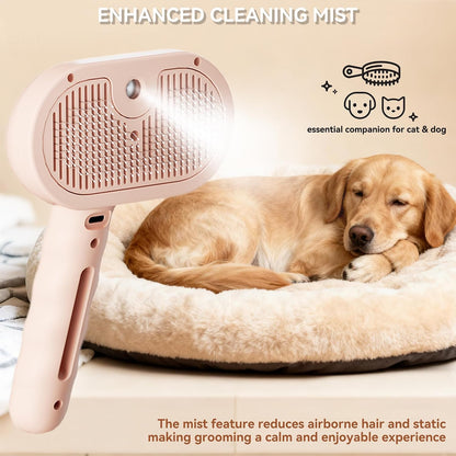 Dog Steam Brush 3-in-1 Spray Bath Brush for Dog and Cat, Pet Hair Removal Comb for Long & Short Haired Pets, Self Cleaning Grooming Brush Can Help to Comb a Pet's Fur and Remove Fleas Pink