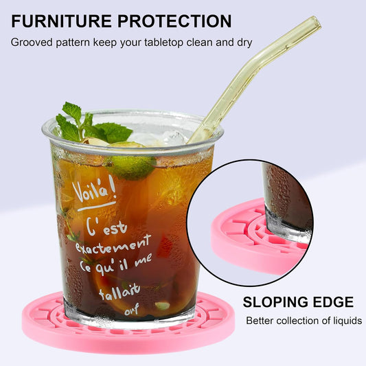 Amooca Silicone Coasters 8 Pack with Holder Anti-Slip Non-Stick Drink Coaster Deep Tray Cup Mat for Hot or Cold Drinking Peach Pink Gear