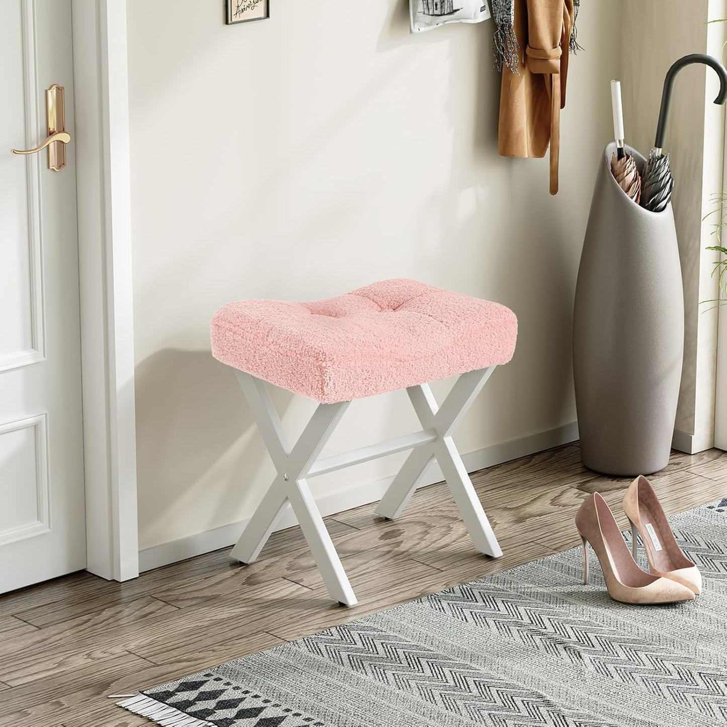 Memobarco 18-Inch Vanity Stool Chair, Vanity Bench with Metal X-Legs, Ottoman Accent Stool with Breathable and Soft Boucle Fabric Saddle Seat, Pink