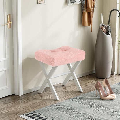 Memobarco 18-Inch Vanity Stool Chair, Vanity Bench with Metal X-Legs, Ottoman Accent Stool with Breathable and Soft Boucle Fabric Saddle Seat, Pink