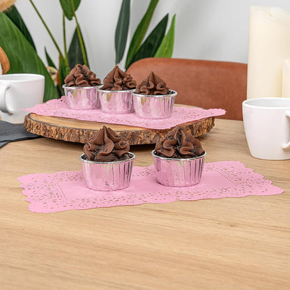 Restaurantware-Pastry Tek 12 x 7 Inch Paper Lace Doilies, 100 Rectangle Disposable Table Doilies - Elegant Lace Finish, Long Lasting, Pink Paper Lace Doilies, for Pastries, Cupcakes, Desserts