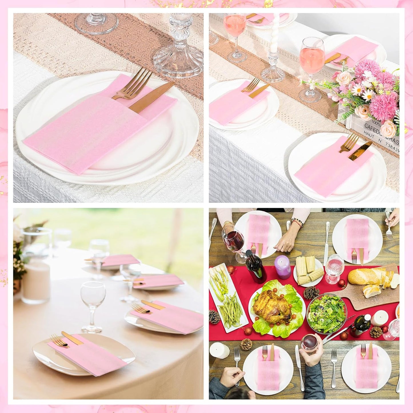60 Pcs Pink Linen-Feel Paper Napkins with Built-in Flatware Pocket, Pocket Linen Napkin Prefolded Cloth Like Paper Napkins Bulk for Girls Birthday Baby Bridal Shower Tea Party Wedding