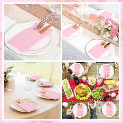 60 Pcs Pink Linen-Feel Paper Napkins with Built-in Flatware Pocket, Pocket Linen Napkin Prefolded Cloth Like Paper Napkins Bulk for Girls Birthday Baby Bridal Shower Tea Party Wedding
