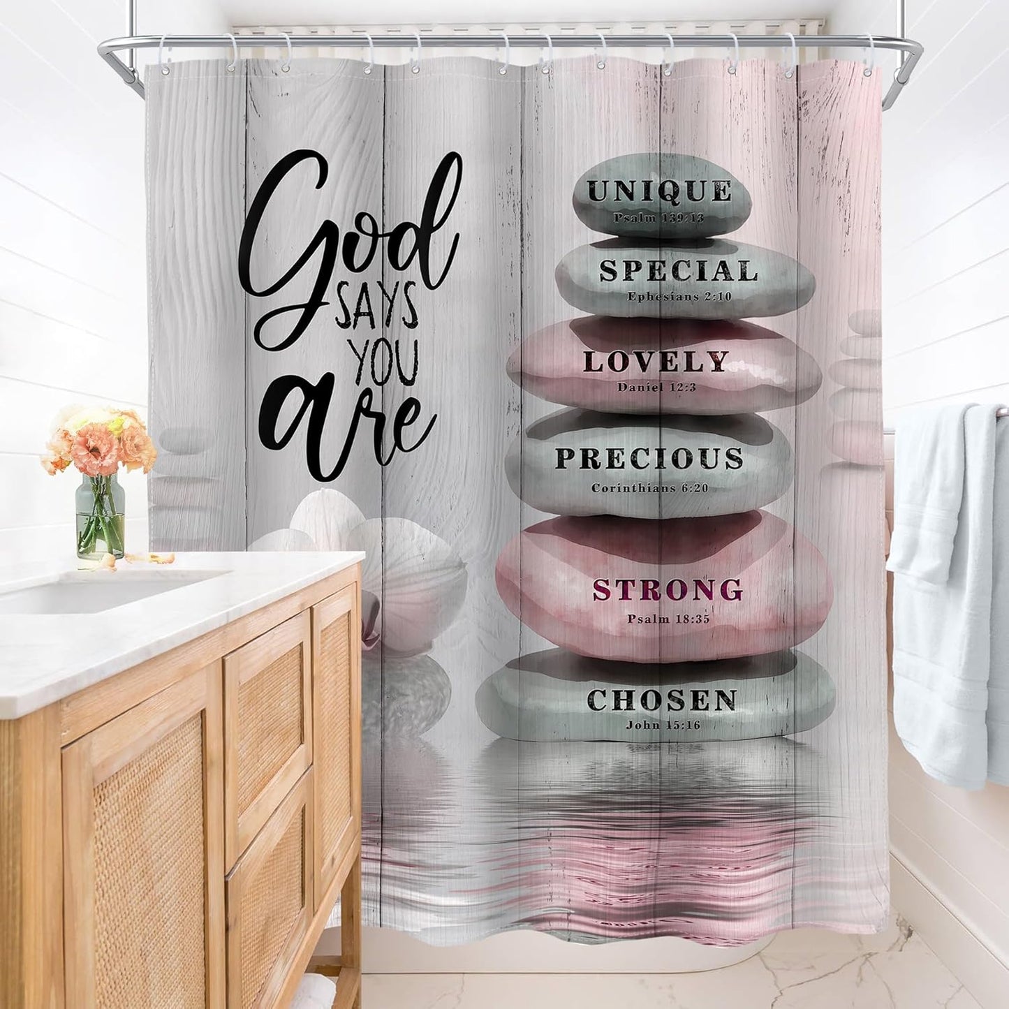 AMBZEK Pink Shower Curtain 60Wx72L Inch Bible Verse Scripture Christian Zen Stone Spa Meditation Relaxing Lotus Peach Blush Cloth Fabric Waterproof Polyester Bathroom Decor Set with 12 Pack Hooks