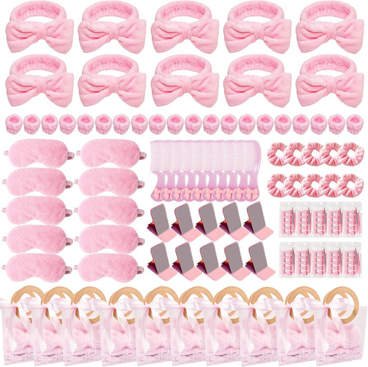 92 Pcs Pink Spa Sleepover Party Supplies for Girls, Include Skincare Headband Set Scrunchie Eye Mask, Mirror Hair, Comb, Nail Care Gift Bags for Spa Slumber Birthday Party Favors Supplies