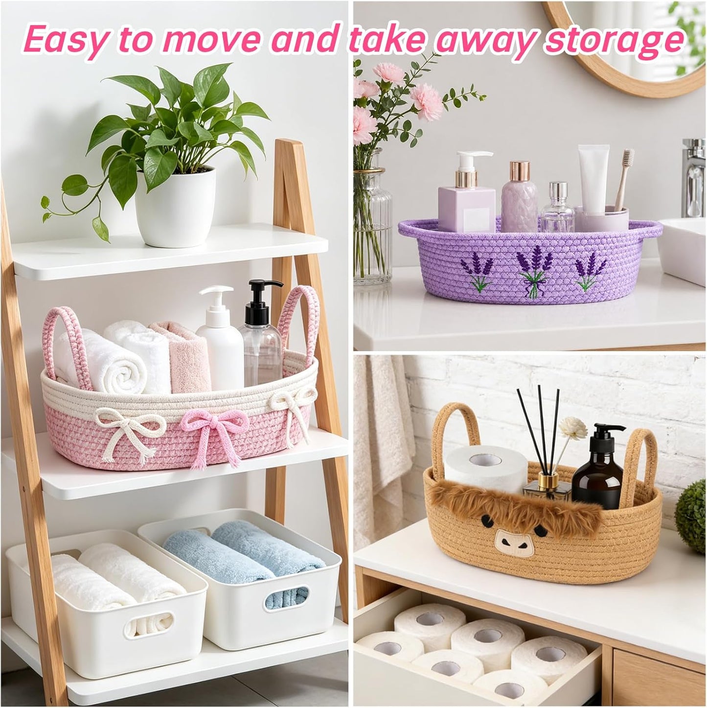 Toilet Bow Paper Basket–Woven Rope Pink Bow Decorative Bathroom Decor Organizer Toilet Tank Top Storage Basket, Oval Shelf Bin with Handles, Over Bedroom Wedding Paper Holder, 13" D x 4" H in