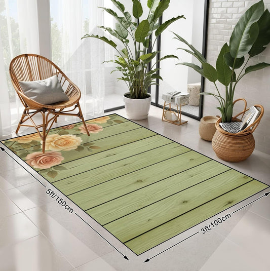 3x5 Area Rugs for Entryway Washable Rug for Bedroom Vintage Peach Pink Roses Floral Light Green Wooden Soft Rubber Backed Non-Slip Carpets for Living Room Kitchen