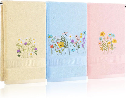 Tingjoo 3 Pcs Pastel Wildflower Hand Towels Pink Blue Yellow Wildflower Floral Bath Towels 14x29 Inch Soft Cute Flower Washable Embroidered Decorative Spring Summer Cotton Decor for Bathroom Kitchen