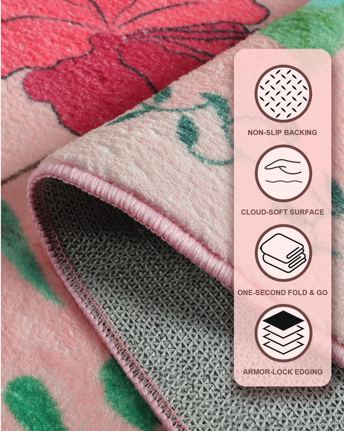 CRYPTOLITE Boho Washable Area Rug 5x7 – Floral Low Pile Non-Slip Carpet for Living Room, Bedroom, Office, Playroom, Entryway, Kitchen, Dining Room (Pink)