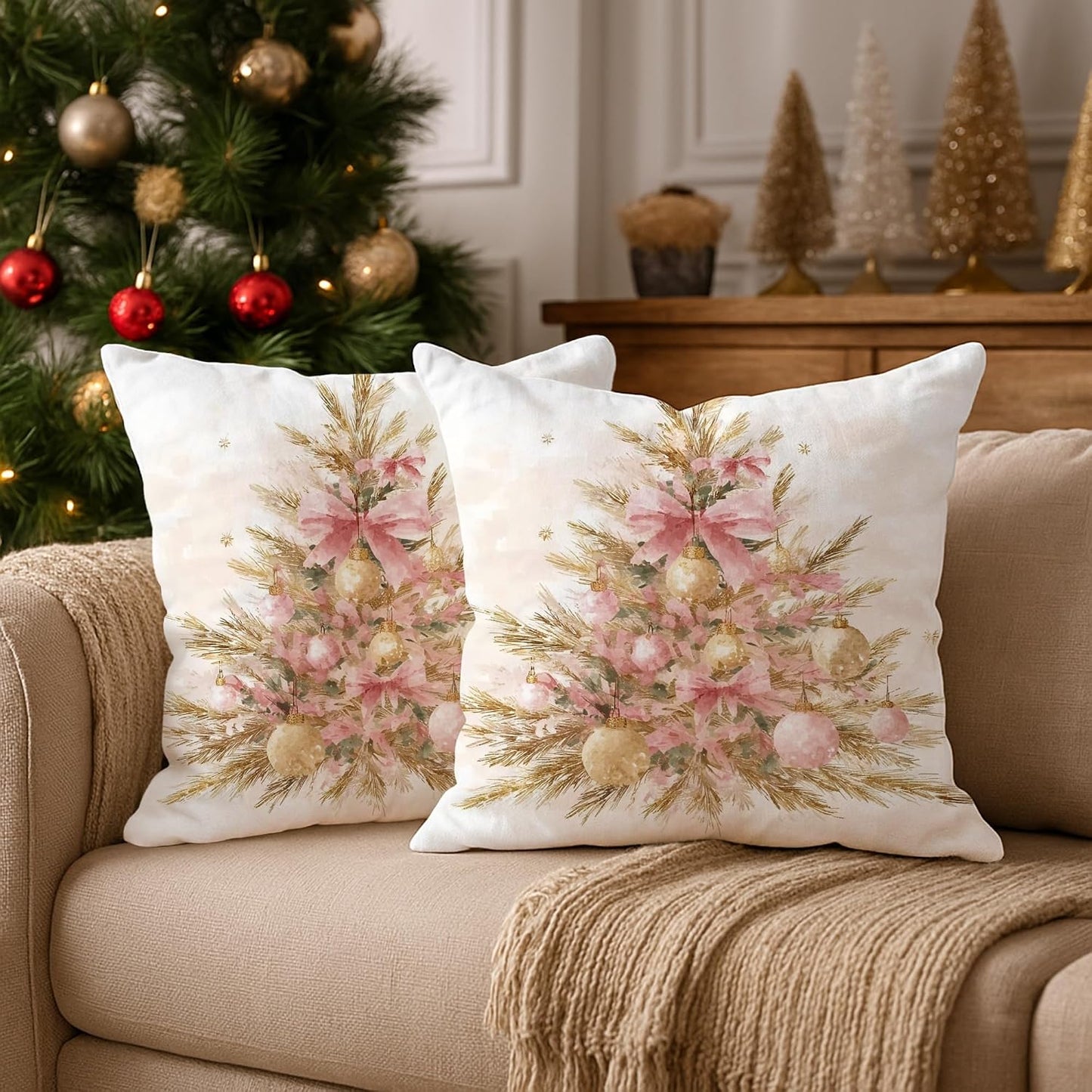 Christmas Tree Throw Pillow Covers Set of 2, Festive Rustic Peach Bow Gold Ornaments Xmas Peach Soft Velvet Washable Cover Decorative Pillows for Home Living Room Bedroom Dorm Couch Decor 18x18 Inch