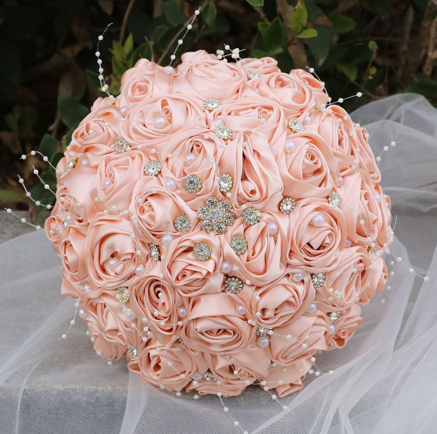 Ujicde Romantic Wedding Bouquet Bridal Bridesmaid Round Bling Brooch Bouquet Throw Toss Artificial Rose Flower Bunch with Sparkle Rhinestone Crystal Decoration(Peach Pink,Dia. 6.3"*16cm)